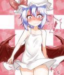  1girl bare_shoulders bat_wings blue_hair blush checkered checkered_background dress hat heart looking_at_viewer red_eyes remilia_scarlet short_hair smile solo takorice touhou wavy_mouth white_dress wings 