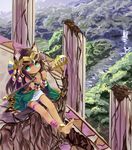  anklet aqua_eyes barefoot bastet_(p&amp;d) bracelet brown_hair feet hairband jewelry long_hair puzzle_&amp;_dragons ruins shipii_(jigglypuff) sitting skirt smile soles solo staff toes 