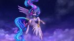  bracelet cloud equine female feral flower flying friendship_is_magic gold hair horn horse jewelry looking_at_viewer looking_back mammal multi-colored_hair my_little_pony necklace nyarmarr outside piercing pony princess_celestia_(mlp) purple_eyes sky sparkles stars wallpaper winged_unicorn wings 