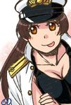  :p blush brown_eyes brown_hair buntaichou collarbone comic crossed_arms female_admiral_(kantai_collection) hat jacket_on_shoulders kantai_collection long_hair solo tongue tongue_out 