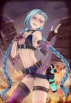  aqua_hair asymmetrical_legwear belt bikini_top braid building collar fire gun handgun highres jinx_(league_of_legends) league_of_legends midriff nam_(valckiry) navel open_mouth pink_eyes short_shorts shorts single_thighhigh smile solo thighhighs twin_braids vi_(league_of_legends) weapon 