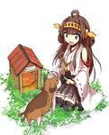  :d bare_shoulders brown_hair detached_sleeves dog doghouse double_bun hair_ornament hairband headgear japanese_clothes kantai_collection kongou_(kantai_collection) long_hair nontraditional_miko open_mouth pleated_skirt raikou_(gotaishu) ribbon-trimmed_sleeves ribbon_trim skirt smile solo 