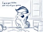  english_text equine female feral friendship_is_magic hair horse kettle licking long_hair looking_at_viewer mammal monochrome my_little_pony pegasus plain_background pony rainbow_(artist) rainbow_dash_(mlp) smile solo spoon table text tongue wings 