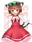  :3 animal_ears blush bow brown_eyes brown_hair cat_ears cat_tail chen dress ear_piercing hat jewelry juliet_sleeves kane-neko long_sleeves looking_at_viewer multiple_tails nekomata open_mouth paw_pose paw_print piercing puffy_sleeves red_dress shirt single_earring smile solo tail touhou two_tails 