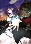  black_dress breasts brown_hair cape cloud dress gradient_hair grey_eyes hijiri_byakuren large_breasts layered_dress looking_at_viewer multicolored_hair outstretched_arm outstretched_hand purple_hair sky smile socha solo sunset temple touhou white_dress 