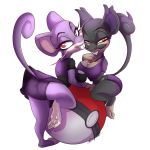  2019 alolan_rattata anthro breasts buckteeth butt cleavage clothed clothing digital_media_(artwork) duo female furkinghell hi_res looking_at_viewer mammal nintendo pok&eacute;ball pok&eacute;mon pok&eacute;mon_(species) rattata red_eyes regional_variant rodent signature simple_background teeth video_games white_background 