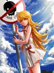  araragi_koyomi blonde_hair day dress long_hair monogatari_(series) mr_cloud nisemonogatari no_symbol oshino_shinobu sign solo yellow_eyes 