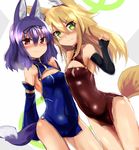  animal_ears arms_behind_back asymmetrical_docking bangs bare_shoulders black_gloves blonde_hair blue_dress blush breast_press breasts character_request china_dress chinese_clothes cleavage cleavage_cutout covered_navel covered_nipples cowboy_shot detached_sleeves dress dutch_angle elbow_gloves embarrassed fingerless_gloves fox_ears fox_tail gloves green_eyes haik hair_between_eyes hair_ribbon highres kokonoe_tsubaki long_hair looking_at_viewer multiple_girls nose_blush original purple_hair red_eyes red_skirt ribbon short_dress short_hair side_slit skirt sleeves_past_wrists small_breasts standing tail thigh_gap turtleneck wavy_mouth 