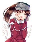  :3 :d bad_id bad_pixiv_id bangs blush bow brown_eyes brown_hair eyebrows_visible_through_hair hands_on_own_face hat japanese_clothes kantai_collection kariginu kuzushima long_hair long_sleeves looking_at_viewer open_mouth ryuujou_(kantai_collection) simple_background smile solo swept_bangs translated twintails upper_body visor_cap white_background white_bow 