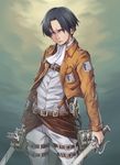  ascot belt black_hair brown_eyes buckle cowboy_shot dual_wielding emblem holding holding_sword holding_weapon jacket levi_(shingeki_no_kyojin) long_sleeves male_focus neckerchief nose pants paradis_military_uniform roke shingeki_no_kyojin shirt solo standing survey_corps_(emblem) sword thigh_strap three-dimensional_maneuver_gear weapon white_pants white_shirt 