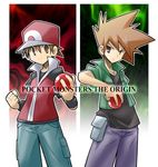  2boys angry baseball_hat brown_hair collar green_(pokemon) hat jacket multiple_boys nintendo ookido_green pants poke_ball pokeball pokemon pokemon:_the_origin rascal red_(pokemon) red_(pokemon)_(remake) short_hair smile spiked_hair 