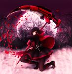  1girl forest ixyomi moon nature night petals rose_petals ruby_rose rwby scythe smile snow tree 