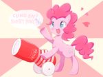  blue_eyes blush cannon cutie_mark english_text equine female feral friendship_is_magic fur hair hooves horse mammal my_little_pony open_mouth pink_fur pink_hair pinkie_pie_(mlp) pony raibo raised_hoof simple_background simple_backgrund solo text tongue 
