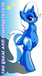  cutie_mark dekomaru equine eyeshadow female feral friendship_is_magic fur hair horn horse looking_at_viewer makeup mammal my_little_pony navel pony pose purple_eyes smile solo standing star stars text thehotroom trixie_(mlp) two_tone_hair unicorn wide_hips 