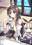  blonde_hair blue_eyes double_bun elbow_gloves gloves hair_ornament hairband headgear highres japanese_clothes kantai_collection kongou_(kantai_collection) long_hair microskirt multiple_girls nontraditional_miko open_mouth pleated_skirt purple_eyes rensouhou-chan ribbon-trimmed_sleeves ribbon_trim shimakaze_(kantai_collection) skirt soramuko striped striped_legwear thighhighs ||_|| 