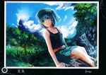  alternate_costume artist_name ayaya bare_shoulders blue_eyes blue_hair blue_sky cloud day forest frilled_skirt frills hair_bobbles hair_ornament hat highres kawashiro_nitori midriff nature navel rock scan shirt short_hair sitting skirt sky smile solo tank_top touhou tree two_side_up water waterfall 