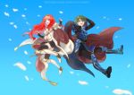  1boy 1girl alm_(fire_emblem) armor armored_boots black_gloves black_legwear blue_background boots breastplate cape celica_(fire_emblem) copyright_name dress fingerless_gloves fire_emblem fire_emblem_echoes:_mou_hitori_no_eiyuuou futabaaf gloves green_eyes green_hair high_heels long_hair nintendo open_mouth petals red_eyes red_hair short_hair simple_background thighhighs tiara zettai_ryouiki 