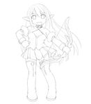  boots bow_(weapon) breasts chibi collar elf elsword gloves greyscale hand_on_hip kasuga_yukihito lineart long_hair monochrome pleated_skirt pointy_ears ranger_(elsword) rena_(elsword) skirt small_breasts smile solo thigh_boots thighhighs weapon 