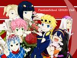  6+boys black_hair blonde_hair bouquet bruno_buccellati flower giorno_giovanna guido_mista jojo_no_kimyou_na_bouken leone_abbacchio multiple_boys narancia_ghirga ouran_high_school_host_club pannacotta_fugo parody pink_hair stuffed_animal stuffed_bunny stuffed_toy style_parody trish_una v white_hair xxxceller 