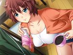  1boy 1girl blue_eyes breasts brown_hair censored chair coffee cup fudegaki_soft fukamachi_satoru game_cg handjob highres kneeling large_breasts looking_up milf miyahara_yumiko no_panties panties pantyjob penis pussy saiminjutsu_3 short_hair skirt smile standing underwear upskirt yoshino_keiko 