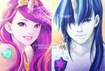  1girl artist_name blue_eyes blue_hair blue_skin character_name horn humanization jewelry lips long_hair looking_at_viewer multicolored_hair my_little_pony parted_lips personification princess_mi_amore_cadenza purple_eyes shining_armor signature smile two-tone_hair watermark web_address zelda_c_wang 