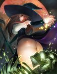 ass bad_id bad_pixiv_id bare_shoulders breasts brown_eyes brown_hair detached_sleeves dragon's_crown hat highres ladic large_breasts long_hair panties side_slit skeleton skirt solo sorceress_(dragon's_crown) staff thong underwear witch_hat 