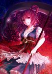  awa_toka bad_id bad_pixiv_id breasts cleavage flower hair_bobbles hair_ornament highres lens_flare medium_breasts onozuka_komachi red_eyes red_hair scythe smile solo spider_lily touhou 