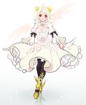  albino ankle_boots armor armored_boots boots bow bowtie crossed_legs drag-on_dragoon drag-on_dragoon_3 dragon_girl dragon_wings dress feathers full_body genderswap genderswap_(mtf) horns looking_at_viewer mikhail_(drag-on_dragoon) open_mouth personification red_eyes shinzui_(fantasysky7) smile solo standing white_bow white_dress white_hair white_neckwear wings 