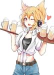  alcohol alternate_costume beer belt blonde_hair casual contemporary cup earmuffs fang front-tie_top glass heart highres midriff nyakonro_(nekonro) one_eye_closed open_mouth purple_eyes shirt simple_background solo tied_shirt touhou toyosatomimi_no_miko white_background 