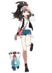  :d arms_up bag bare_legs baseball_cap black_hair black_legwear blue_eyes cross-laced_footwear full_body gen_5_pokemon hand_on_headwear hat holding leg_up long_hair mimizubare open_mouth oshawott pokemon pokemon_(creature) pokemon_(game) pokemon_bw ponytail reaching shoes shorts shoulder_bag simple_background smile socks standing standing_on_one_leg touko_(pokemon) white_background 