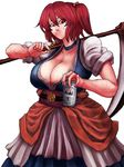  beer_can breasts can cleavage coin hair_bobbles hair_ornament jpeg_artifacts large_breasts onozuka_komachi over_shoulder red_eyes red_hair scythe simple_background skewer solo sweat terrajin touhou two_side_up weapon weapon_over_shoulder white_background 