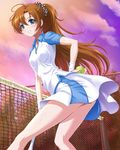  :d bad_id bad_pixiv_id ball blue_eyes breasts brown_hair chaki-yam net open_mouth original racket skirt small_breasts smile solo sportswear tennis_ball tennis_racket tennis_uniform 