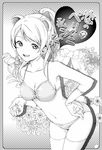  animal_ears ayase_eli bow bra flower gloves greyscale hair_bow hand_on_hip long_hair love_live! love_live!_school_idol_project monochrome nishiuri_warito panties ponytail smile solo tail thighhighs underwear underwear_only 