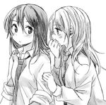  :o black_hair blush collared_shirt covering_mouth dress_shirt greyscale hachiko_(hati12) long_hair long_sleeves looking_back lowres monochrome multiple_girls necktie original parted_lips school_uniform shirt simple_background sketch sleeves_rolled_up smelling_hair white_background 