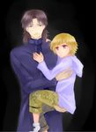  blonde_hair brown_hair carrying child_gilgamesh cross cross_necklace fate/hollow_ataraxia fate/stay_night fate_(series) gilgamesh hoshiyume_yashiro jewelry kotomine_kirei male_focus multiple_boys necklace red_eyes smile 