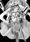  absurdres breasts cannon cape gloves glowing glowing_eye greyscale headgear highres kantai_collection large_breasts long_hair monochrome monster ryou scan shinkaisei-kan solo wo-class_aircraft_carrier 