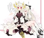  albino bare_legs black_bow blush bow closed_eyes crossed_legs drag-on_dragoon drag-on_dragoon_3 dragon_girl dress feathers flower_eyepatch genderswap genderswap_(mtf) hair_bow horns looking_at_viewer mikhail_(drag-on_dragoon) multiple_girls personification ponytail prosthesis red_eyes shinzui_(fantasysky7) sitting thought_bubble translated white_dress wide-eyed yuri zero_(drag-on_dragoon) 