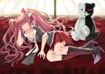  arm_support bad_id bad_pixiv_id boots bow breasts cleavage curtains danganronpa danganronpa_1 enoshima_junko hair_bow highres long_hair medium_breasts monokuma on_bed pink_hair plaid plaid_skirt pleated_skirt purple_eyes skirt sleeves_rolled_up smile solo wenhe 