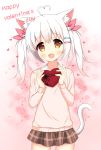  &gt;_&lt; 1girl :d absurdres ahoge animal_ear_fluff animal_ears blush box brown_eyes brown_skirt brown_sweater cat_ears cat_girl cat_hair_ornament cat_tail commentary_request fang gift gift_box hair_ornament hair_ribbon hairclip happy_valentine head_tilt heart heart-shaped_box heart_ahoge highres holding holding_gift long_hair long_sleeves open_mouth original pink_ribbon plaid plaid_skirt ribbon skirt smile solo sparkle sweater tail tail_raised twintails valentine white_hair xiaosamiao 