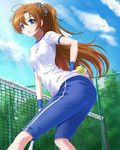  bad_id bad_pixiv_id ball blue_eyes breasts brown_hair chaki-yam gym_uniform net original ponytail racket small_breasts solo tennis_ball tennis_racket 