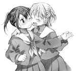  ;( blush cheek-to-cheek greyscale hachiko_(hati12) hand_on_another's_shoulder holding_hands monochrome multiple_girls one_side_up original pleated_skirt ponytail school_uniform serafuku short_ponytail short_twintails simple_background skirt smile twintails upper_body wavy_mouth white_background 