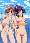  2girls areola areola_slip areolae beach bikini blue_eyes blush breasts brown_hair covered_nipples erect_nipples haruka_(sister_princess) highres huge_breasts long_hair looking_at_viewer mound_of_venus multiple_girls navel open_mouth purple_eyes purple_hair sakuya_(sister_princess) sand sister_princess sling_bikini smile string_bikini swimsuit tree trees twintails water 