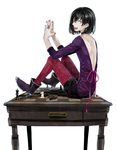  androgynous black_hair board_game boots chess choker crossdressing fangs full_body hauser_(pixiv_nocturne) jewelry kuroi male_focus nail_polish open_mouth original pantyhose pixiv_nocturne red_eyes red_legwear red_nails ring shorts simple_background smile solo white_background 