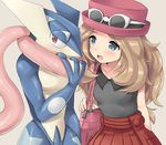  bag blonde_hair blue_eyes blush eyewear_on_head gen_6_pokemon greninja hat inaho long_hair looking_away open_mouth pokemon pokemon_(creature) pokemon_(game) pokemon_xy scarf serena_(pokemon) skirt smile sunglasses 