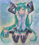 animal_ears armpits arms_up artist_name boots cat_ears cat_tail chibi detached_sleeves green_eyes green_hair hatsune_miku long_hair mayo_riyo multiple_girls necktie sitting skirt tail thigh_boots thighhighs traditional_media twintails very_long_hair vocaloid wariza 