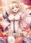  1girl :d aestus_estus ahoge asymmetrical_legwear bangs blonde_hair blurry blurry_background blush breasts chains cleavage commentary_request depth_of_field detached_sleeves eyebrows_visible_through_hair fang fate/extra fate/extra_ccc fate_(series) garter_straps gloves green_eyes hair_between_eyes hair_intakes hand_on_hip highleg highleg_leotard highres ichigo_seika juliet_sleeves large_breasts leotard lock long_sleeves nero_claudius_(bride)_(fate) nero_claudius_(fate)_(all) open_mouth padlock petals puffy_sleeves sidelocks single_thighhigh sleeves_past_wrists smile solo sparkle thighhighs veil white_footwear white_gloves white_legwear white_leotard white_sleeves wide_sleeves 