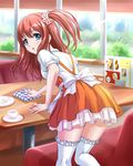 anna_miller apron arm_support bad_id bad_pixiv_id bangs blue_eyes bow breasts brown_hair chaki-yam cup eyebrows_visible_through_hair frilled_legwear from_behind hair_ornament hair_scrunchie indoors leaning_forward looking_at_viewer looking_back menu one_side_up open_mouth orange_skirt original plate restaurant saucer scrunchie short_sleeves skirt small_breasts solo table thighhighs towel waitress white_legwear window wiping 