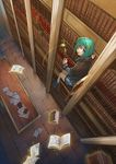  bad_id bad_twitter_id book book_focus bookshelf capelet erubo floating floating_book green_eyes green_hair hair_ornament hairclip library magic mundane_utility original short_hair sitting smile solo wand witch 