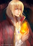  blonde_hair blue_eyes calcifer cape fire howl_(howl_no_ugoku_shiro) howl_no_ugoku_shiro male_focus weed_(astarone) 