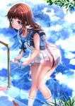  backpack bag blue_eyes blue_sky brown_hair cloud dress hermit_crab highres legs mukaido_manaka nagi_no_asukara randoseru reflection sailor_dress school_uniform serafuku skirt sky stairs starfish swordsouls water wavy_mouth wet wet_clothes wringing_clothes wringing_skirt 